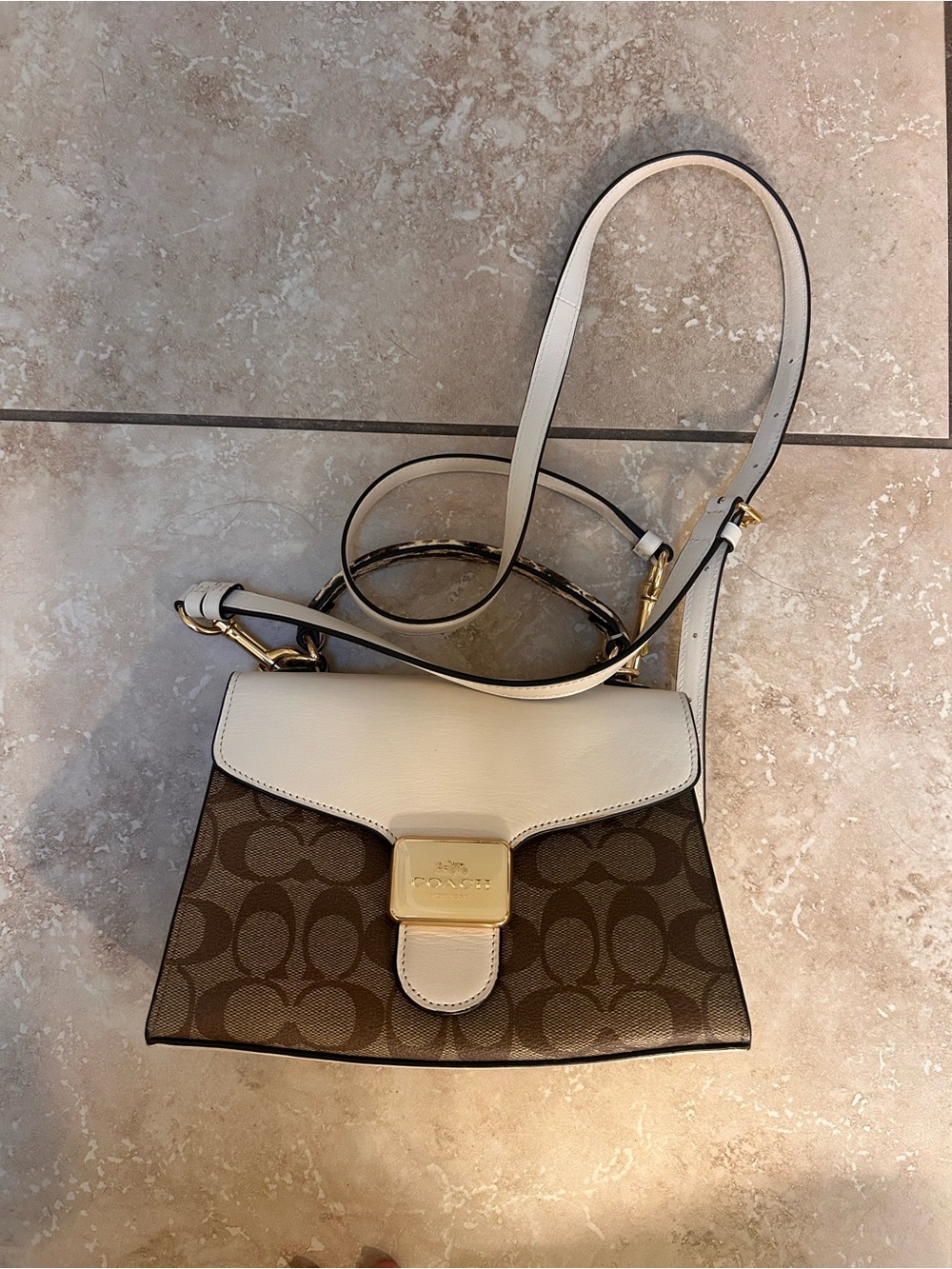 Coach Brown Signature Canvas Crossbody with White Leather Flap